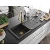 Mexen Leo granite kitchen sink 1-bowl with drainer and Savita kitchen faucet, black speckled - 6501-76-672601-50