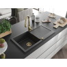 Mexen Leo granite sink 1-bowl with drainer and Savita kitchen faucet, speckled black - 6501-76-672601-50
