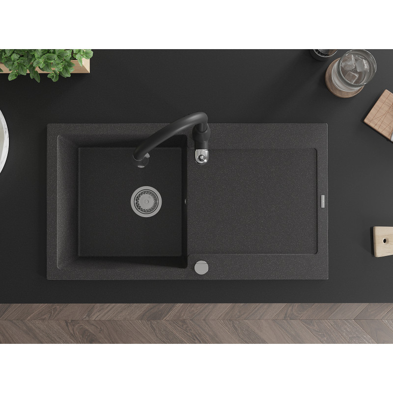 Mexen Leo granite sink 1-bowl with drainer and Savita kitchen faucet, black speckled - 6501-76-672601-70