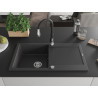 Mexen Leo granite sink 1-bowl with drainer and Savita kitchen faucet, black speckled - 6501-76-672601-70