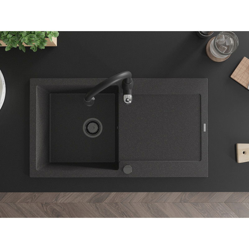 Mexen Leo granite sink 1-bowl with drainer and Savita kitchen tap, speckled black - 6501-76-672601-70-B