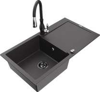 Mexen Leo granite kitchen sink 1-bowl with drainer and Savita kitchen faucet, speckled black - 6501-76-672601-70-B