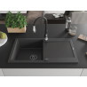 Mexen Leo 1-bowl granite kitchen sink with drainer and Savita kitchen faucet, speckled black - 6501-76-672601-70-B