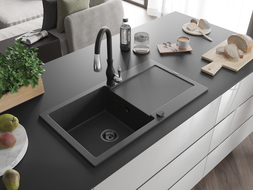 Mexen Leo granite kitchen sink 1-bowl with drainer and Savita kitchen faucet, speckled black - 6501-76-672601-70-B