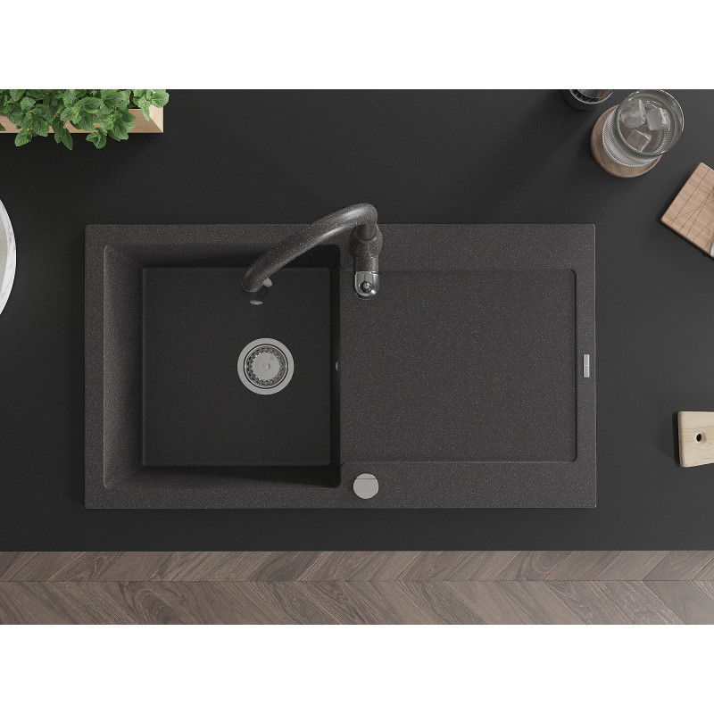 Mexen Leo 1-bowl granite sink with drainer and Savita kitchen tap, black speckled - 6501-76-672601-76