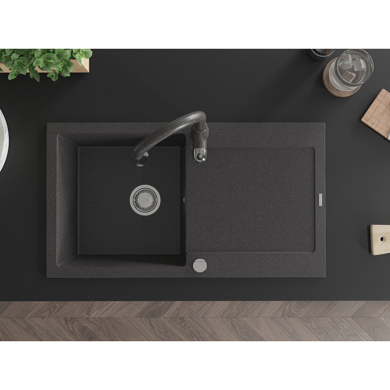 Mexen Leo granite sink 1-bowl with drainer and Savita kitchen faucet, black speckled - 6501-76-672601-76