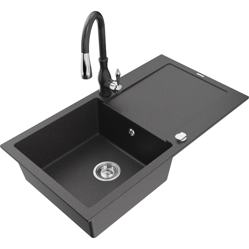 Mexen Leo granite sink 1-bowl with drainer and Savita kitchen faucet, black speckled - 6501-76-672601-76
