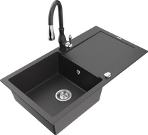 Mexen Leo 1-bowl granite sink with drainer and Savita kitchen tap, black speckled - 6501-76-672601-76