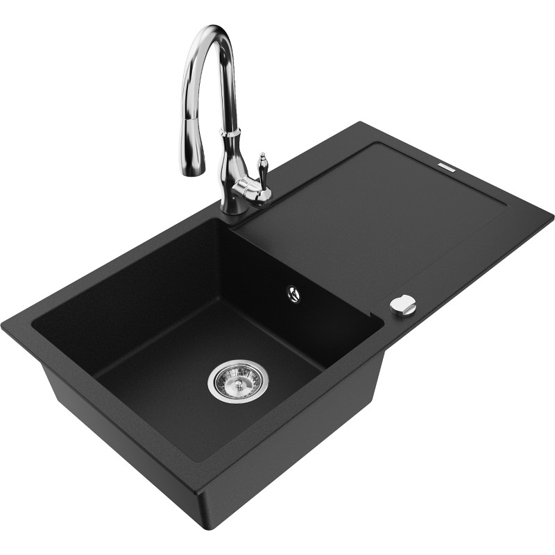 Mexen Leo 1-bowl granite kitchen sink with drainer and faucet Savita, black - 6501-77-672601-00