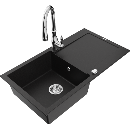Mexen Leo granite kitchen sink 1-bowl with drainer and Savita kitchen faucet, black - 6501-77-672601-00