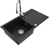 Mexen Leo 1-bowl granite kitchen sink with drainer and faucet Savita, black - 6501-77-672601-00