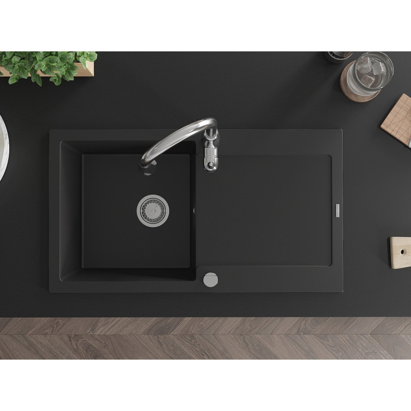 Mexen Leo 1-bowl granite kitchen sink with drainer and faucet Savita, black - 6501-77-672601-00