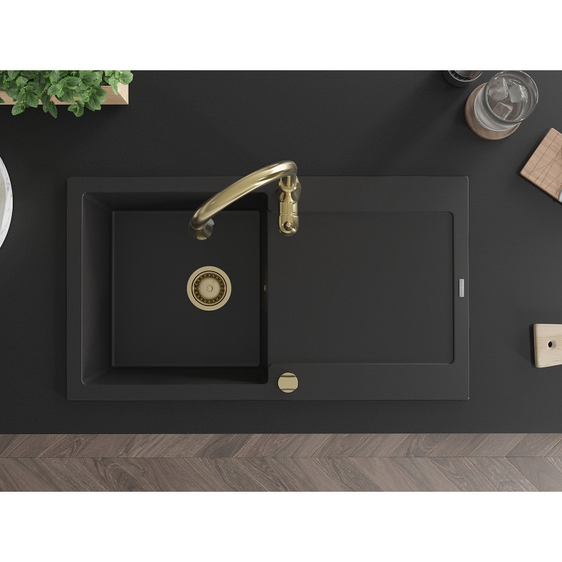 Mexen Leo granite sink 1-bowl with drainer and kitchen faucet Savita, black - 6501-77-672601-50