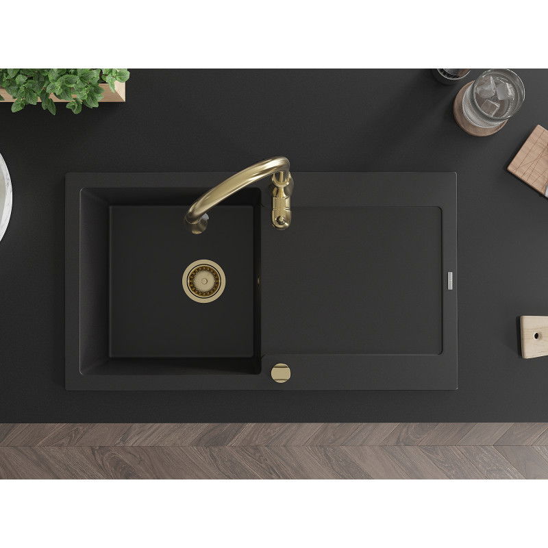 Mexen Leo granite sink single-bowl with drainer and Savita kitchen tap, black - 6501-77-672601-50