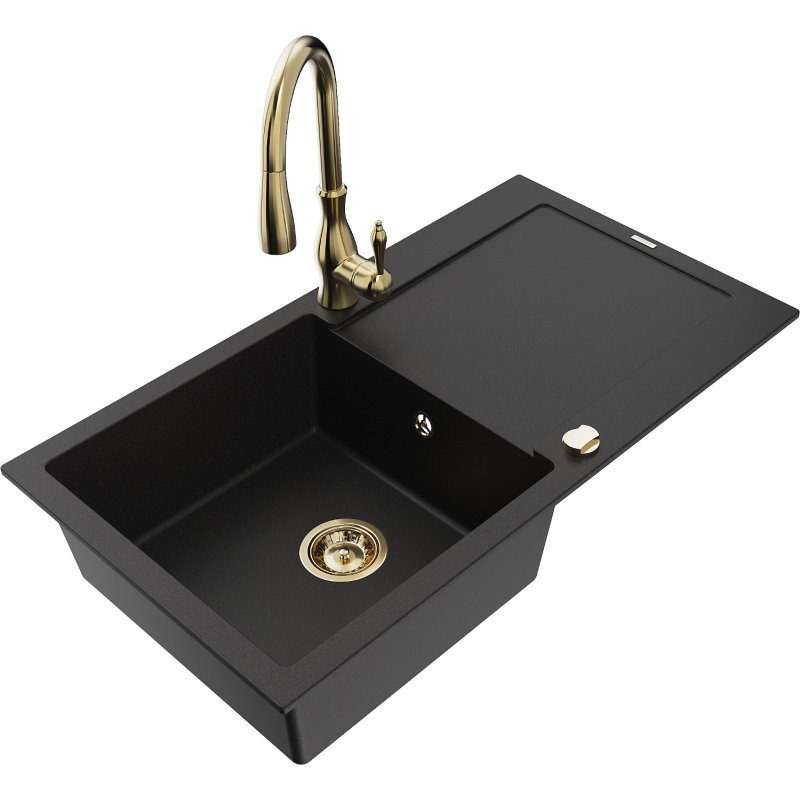 Mexen Leo 1-Bowl Granite Sink with Drainer and Savita Kitchen Faucet, Black - 6501-77-672601-50
