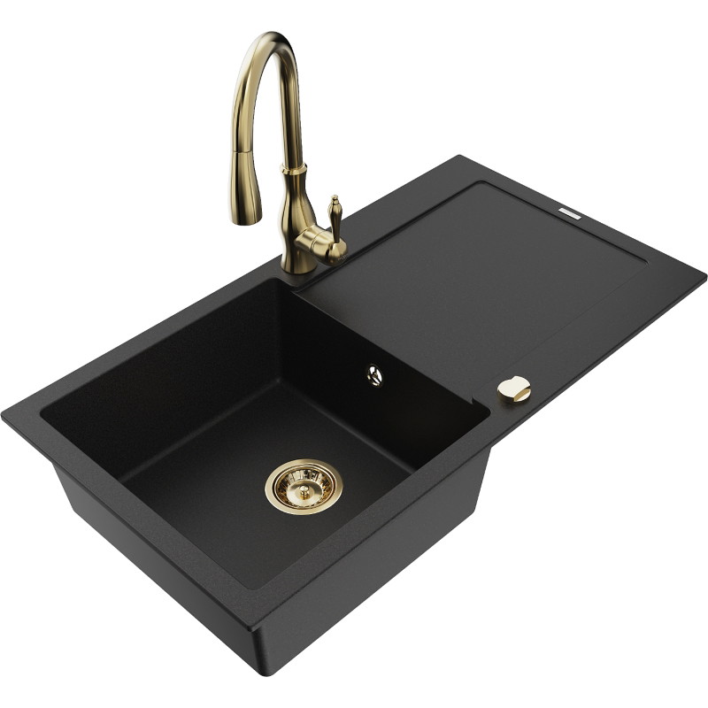 Mexen Leo granite sink 1-bowl with drainer and kitchen faucet Savita, black - 6501-77-672601-50