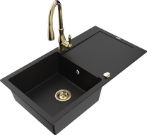 Mexen Leo granite sink single-bowl with drainer and Savita kitchen tap, black - 6501-77-672601-50