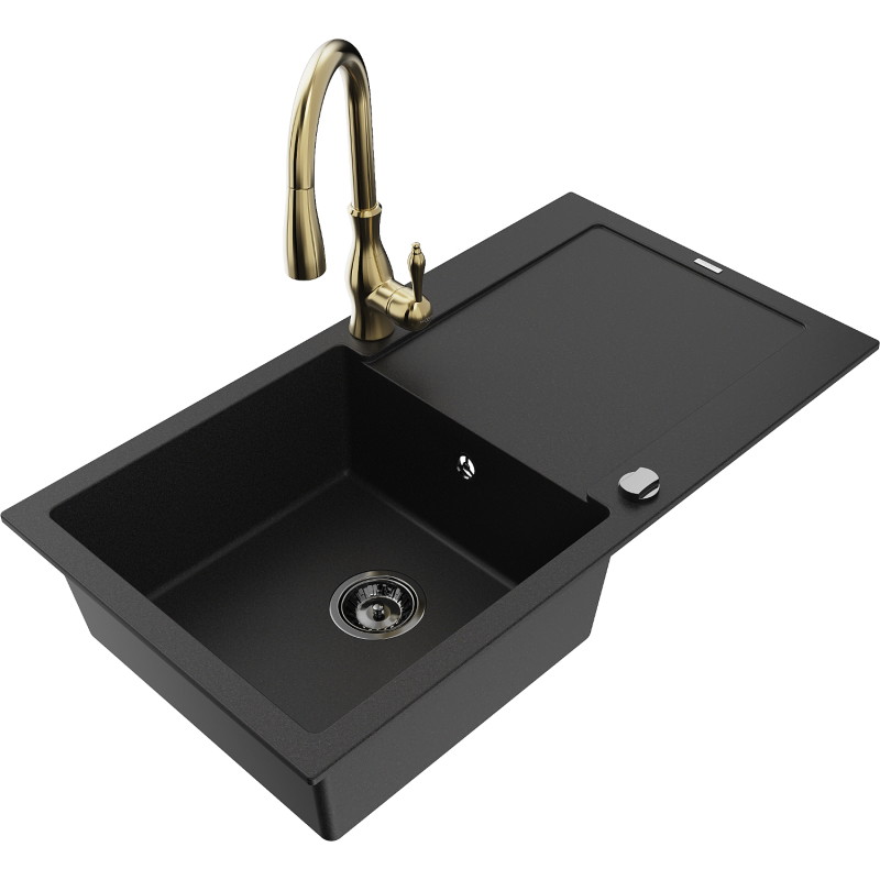 Mexen Leo granite kitchen sink 1-bowl with drainer and Savita kitchen faucet, black - 6501-77-672601-50-B