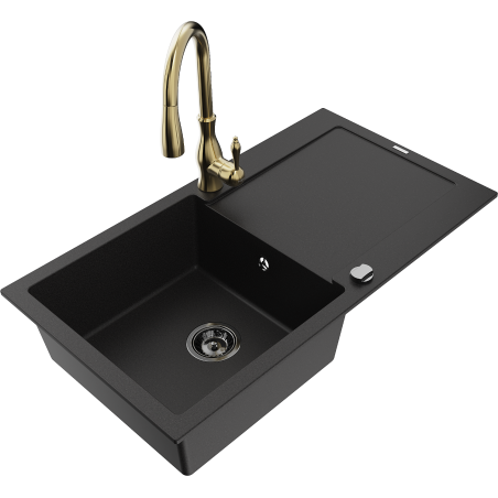 Mexen Leo granite sink 1-bowl with drainer and Savita kitchen faucet, black - 6501-77-672601-50-B