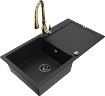 Mexen Leo granite sink 1-bowl with drainer and Savita kitchen tap, black - 6501-77-672601-50-B