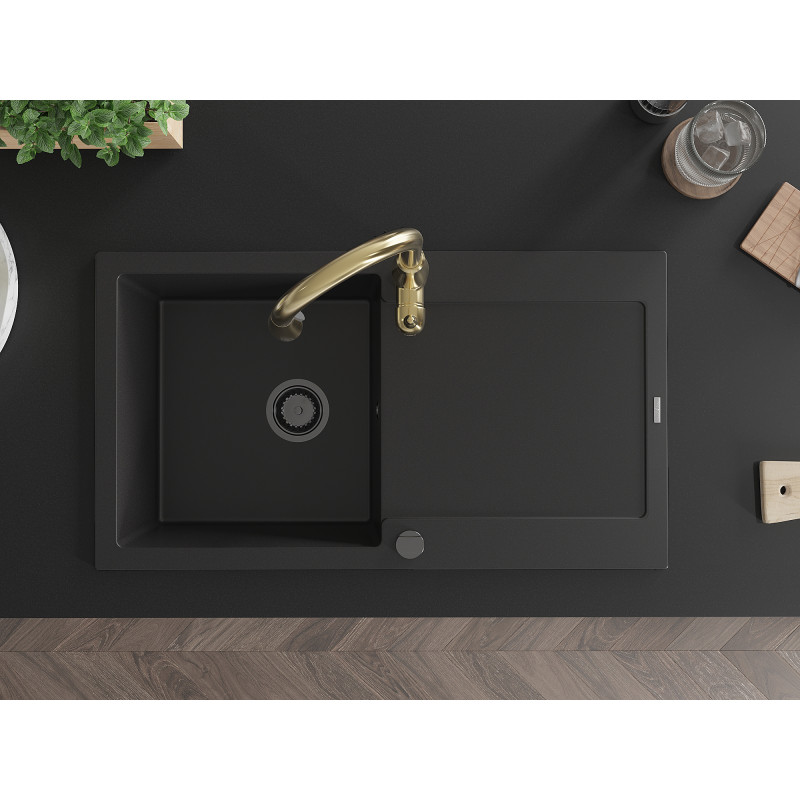 Mexen Leo granite sink 1-bowl with drainer and Savita kitchen faucet, black - 6501-77-672601-50-B