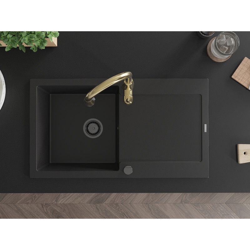 Mexen Leo granite sink 1-bowl with drainer and Savita kitchen tap, black - 6501-77-672601-50-B