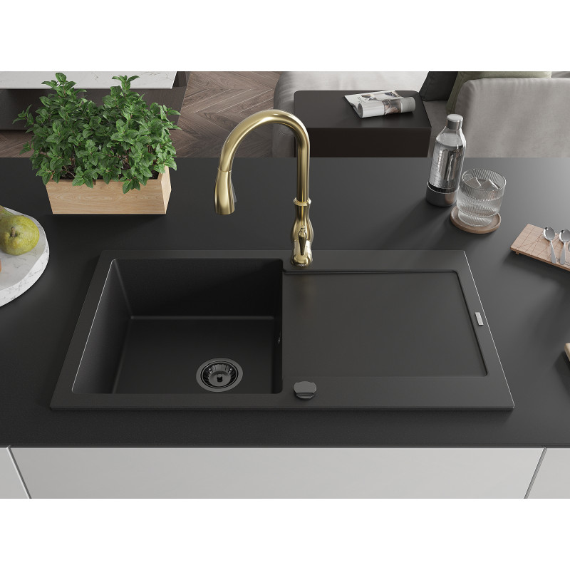 Mexen Leo granite sink 1-bowl with drainer and Savita kitchen faucet, black - 6501-77-672601-50-B