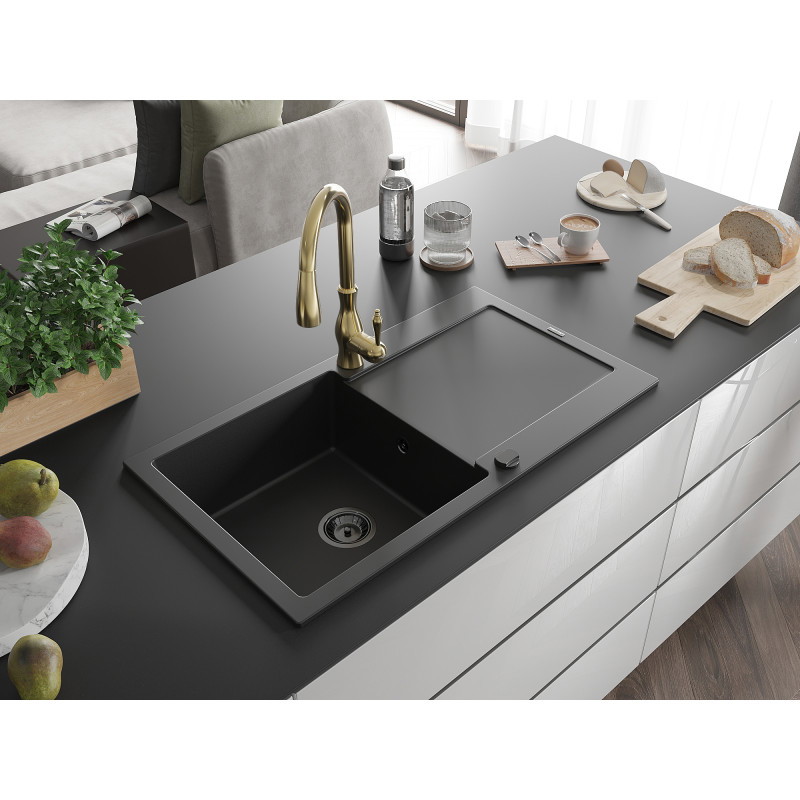 Mexen Leo granite sink 1-bowl with drainer and Savita kitchen faucet, black - 6501-77-672601-50-B