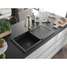 Mexen Leo granite sink 1-bowl with drainer and Savita kitchen faucet, black - 6501-77-672601-50-B