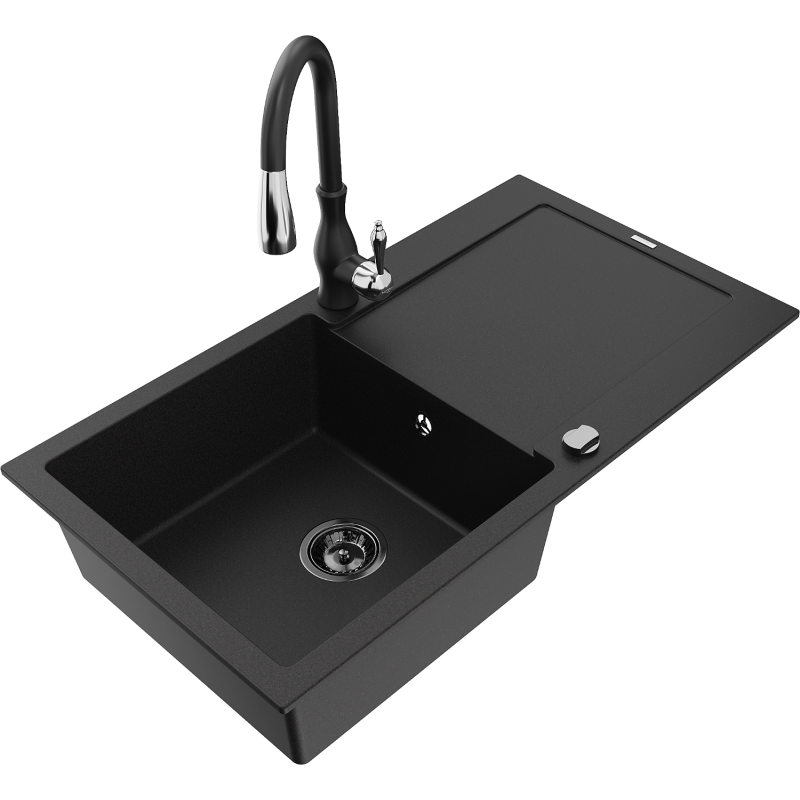 Mexen Leo 1-compartment granite sink with a drip tray and kitchen mixer tap Savita, Black - 6501-77-672601-70-B