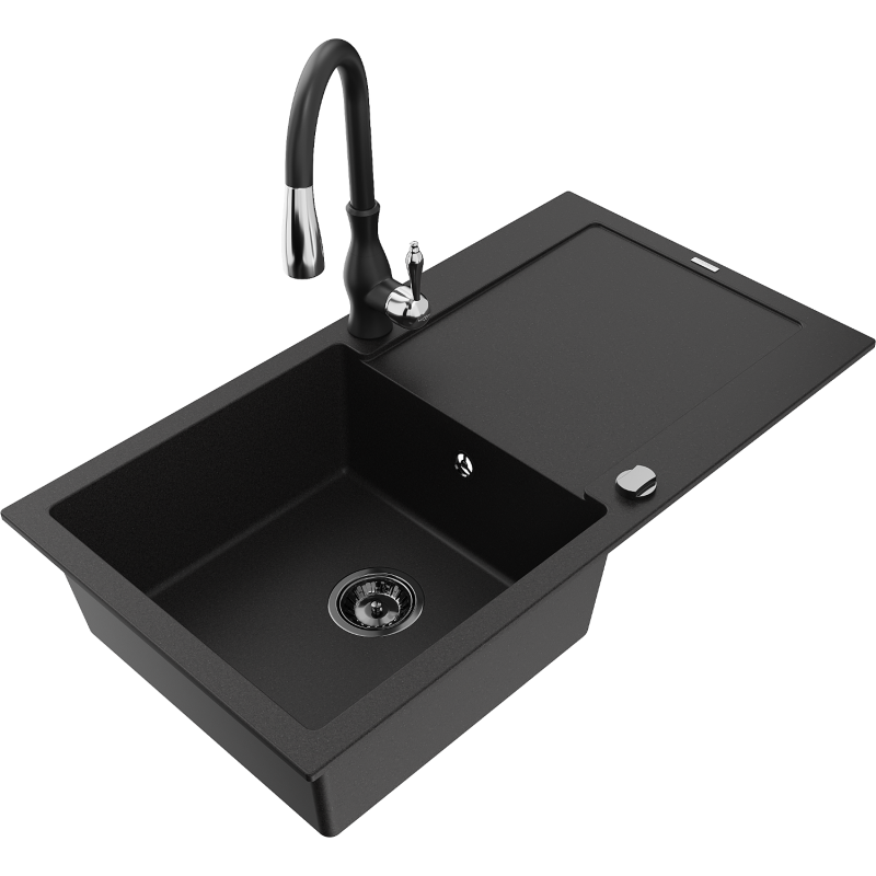 Mexen Leo granite sink with 1 bowl, drainer, and Savita kitchen faucet, black - 6501-77-672601-70-B