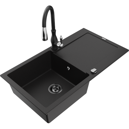Mexen Leo granite sink 1-bowl with drainer and Savita kitchen tap, black - 6501-77-672601-70-B