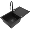 Mexen Leo granite sink 1-bowl with drainer and Savita kitchen tap, black - 6501-77-672601-70-B