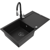 Mexen Leo granite sink with 1 bowl, drainer, and Savita kitchen faucet, black - 6501-77-672601-70-B