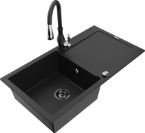 Mexen Leo granite kitchen sink with 1 basin, drainer, and Savita kitchen faucet, black - 6501-77-672601-70-B