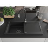 Mexen Leo granite sink with 1 bowl, drainer, and Savita kitchen faucet, black - 6501-77-672601-70-B