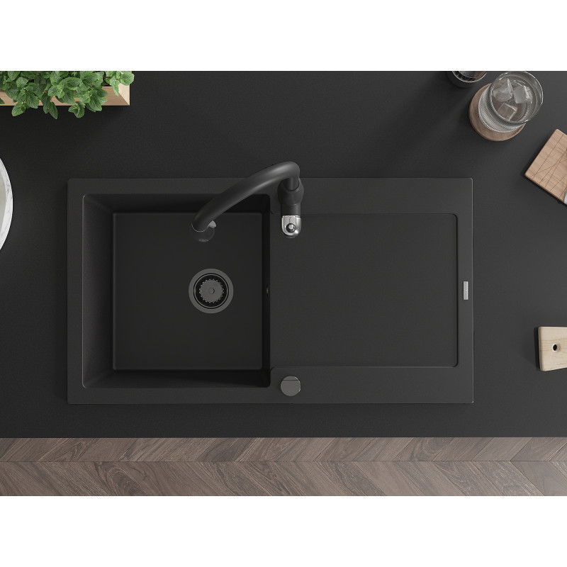 Mexen Leo granite sink 1-bowl with drainer and Savita kitchen tap, black - 6501-77-672601-70-B