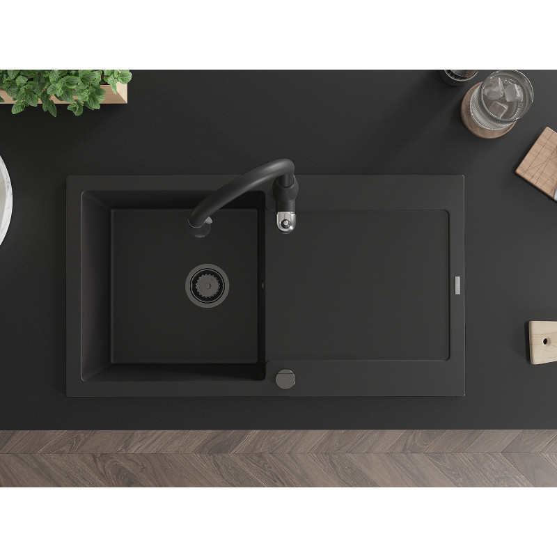 Mexen Leo granite sink with 1 bowl, drainer, and Savita kitchen faucet, black - 6501-77-672601-70-B