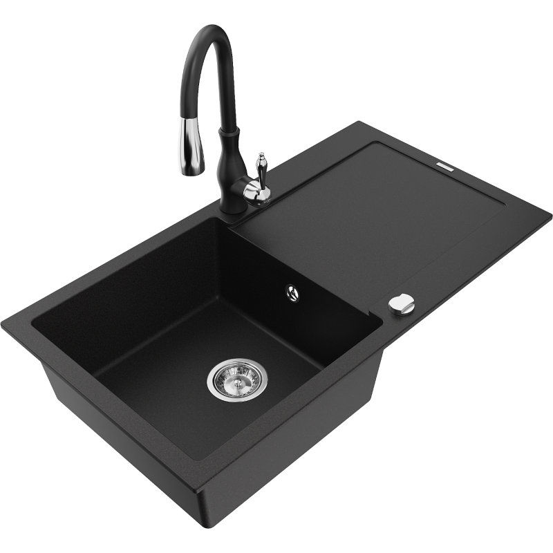 Mexen Leo granite kitchen sink 1-bowl with drainer and kitchen faucet Savita, black - 6501-77-672601-70