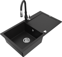 Mexen Leo 1-compartment granite sink with a drip tray and kitchen mixer tap Savita, Black - 6501-77-672601-70