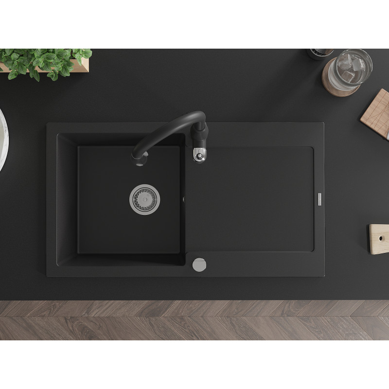 Mexen Leo granite kitchen sink 1-bowl with drainer and kitchen faucet Savita, black - 6501-77-672601-70