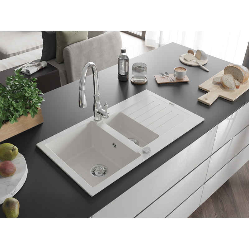 Mexen Matias 1.5-bowl Granite Sink with Drainer and Savita Kitchen Faucet, White - 6502-20-672601-00