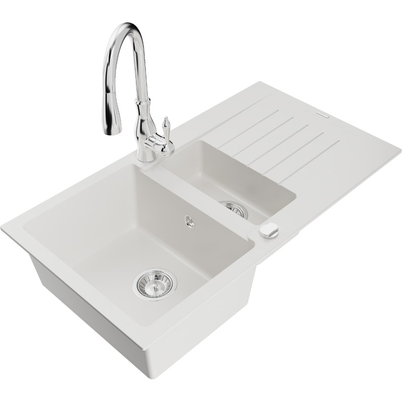 Mexen Matias 1.5-bowl Granite Sink with Drainer and Savita Kitchen Faucet, White - 6502-20-672601-00