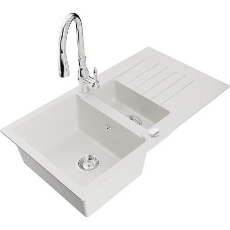 Mexen Matias granite sink 1.5-bowl with drainer and Savita kitchen tap, white - 6502-20-672601-00