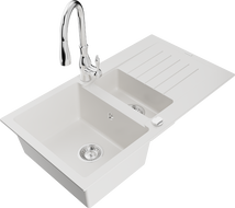 Mexen Matias 1.5-compartment granite sink with a drip tray and kitchen mixer tap Savita, White - 6502-20-672601-00