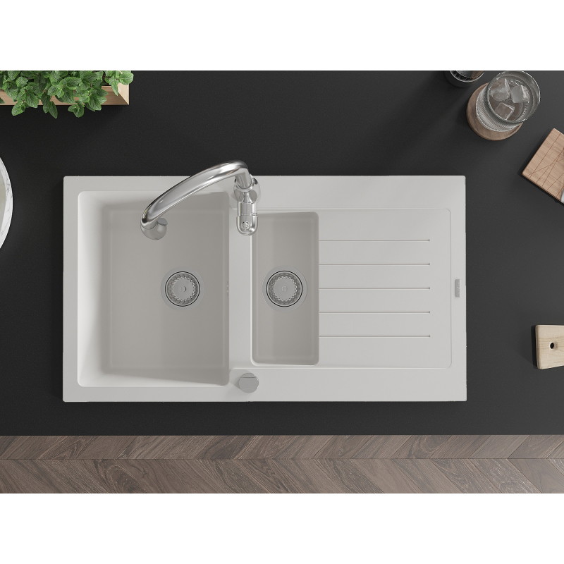 Mexen Matias 1.5-bowl Granite Sink with Drainer and Savita Kitchen Faucet, White - 6502-20-672601-00