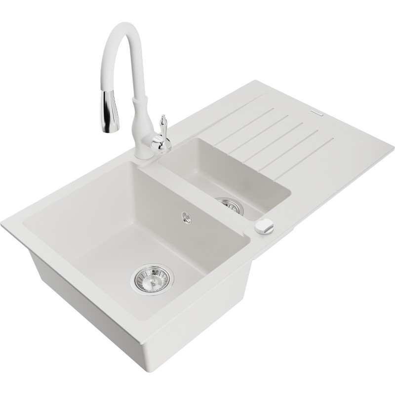 Mexen Matias granite sink 1.5-bowl with drainer and Savita kitchen faucet, white - 6502-20-672601-20