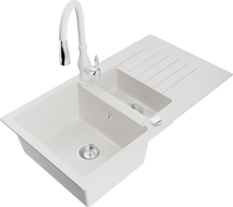 Mexen Matias 1.5-compartment granite sink with a drip tray and kitchen mixer tap Savita, White - 6502-20-672601-20