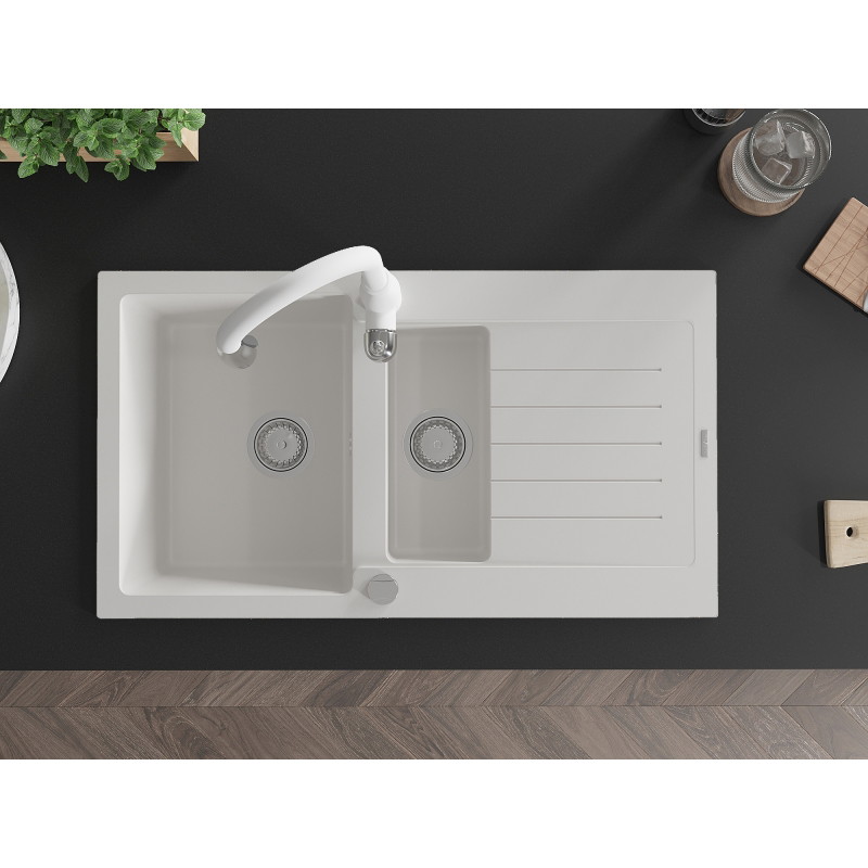 Mexen Matias granite sink 1.5-bowl with drainer and Savita kitchen faucet, white - 6502-20-672601-20