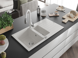 Mexen Matias 1.5-compartment granite sink with a drip tray and kitchen mixer tap Savita, White - 6502-20-672601-20